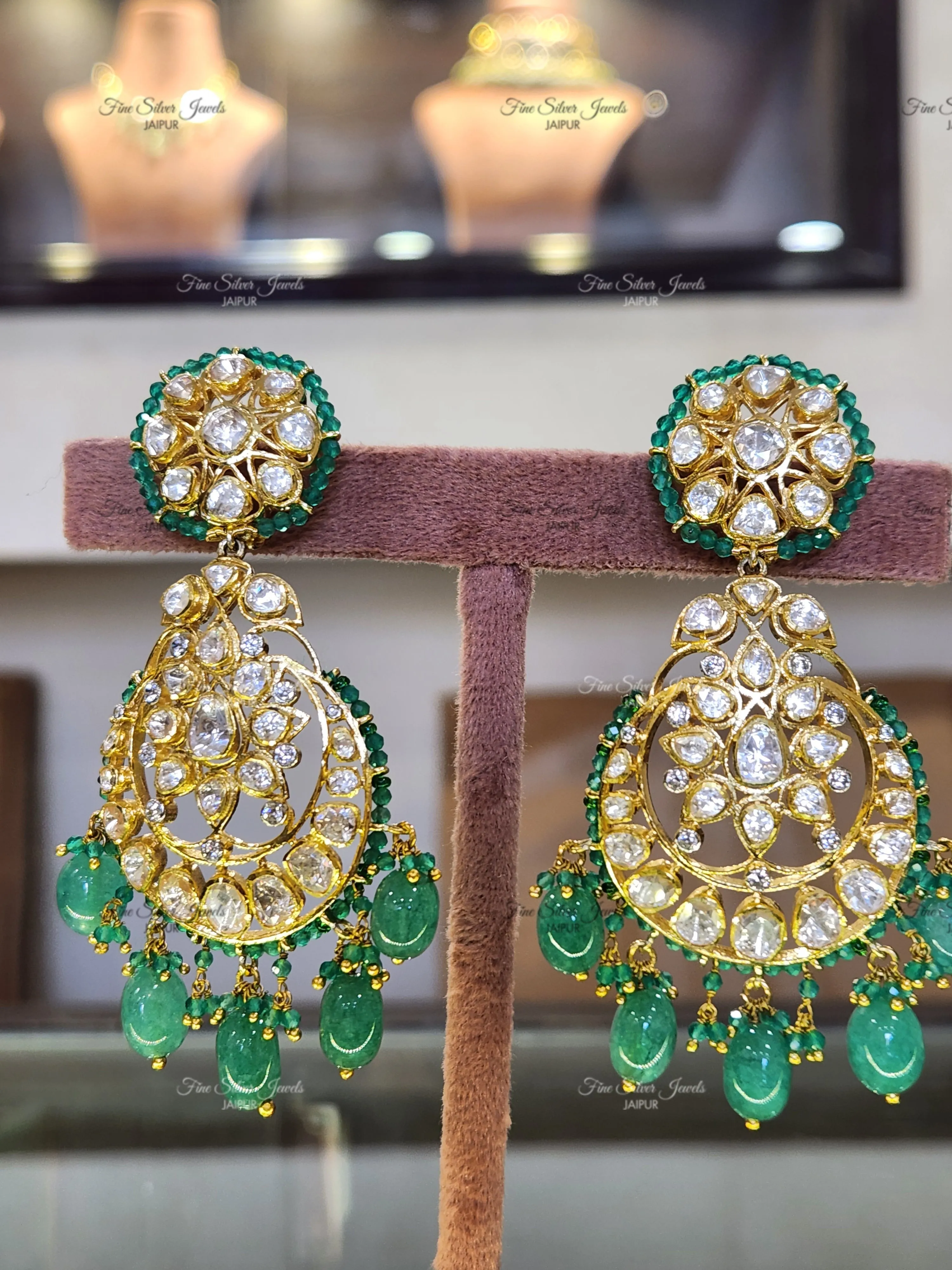 925 Silver GREEN POLKI CHANDBALI