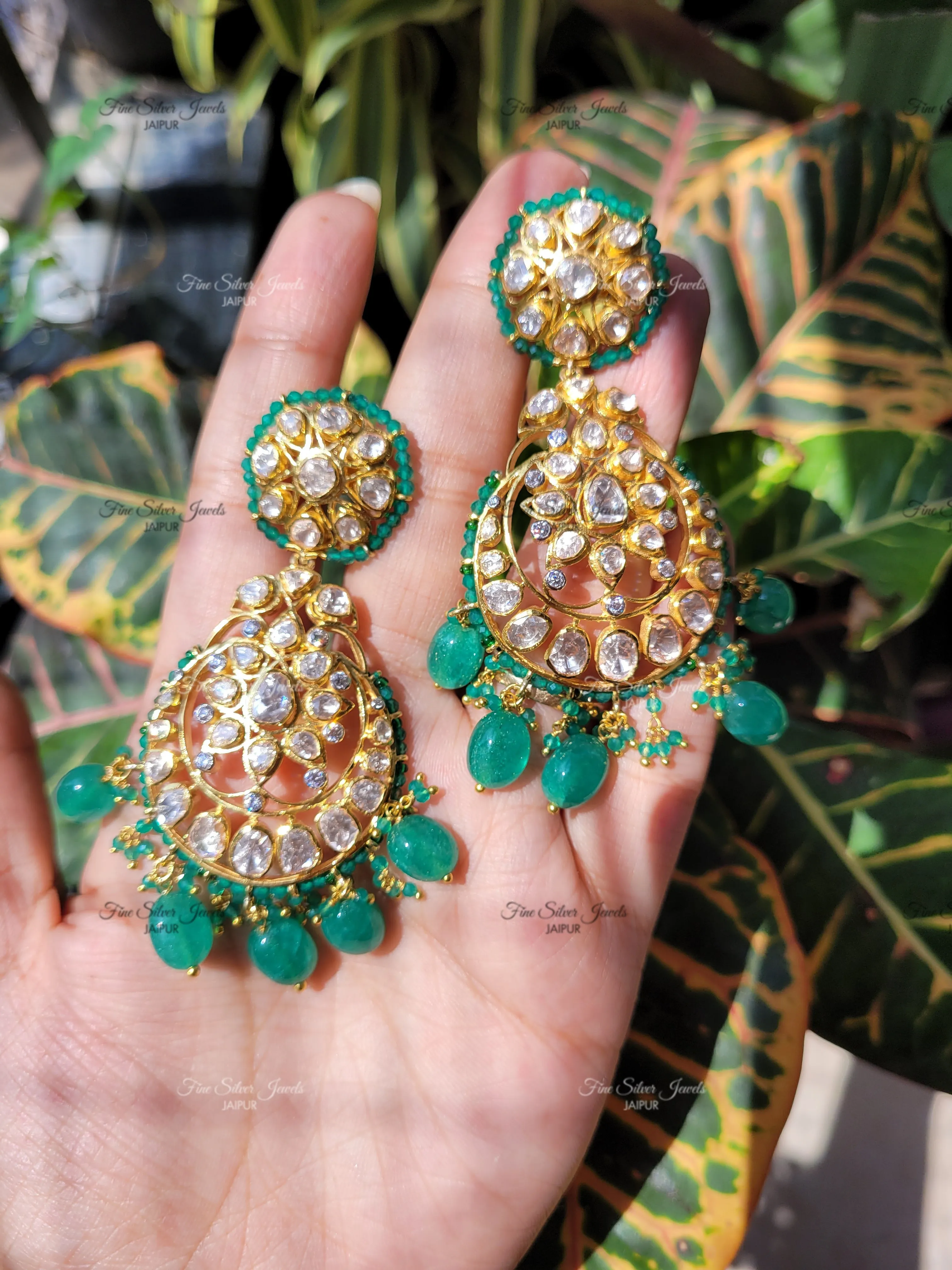 925 Silver GREEN POLKI CHANDBALI