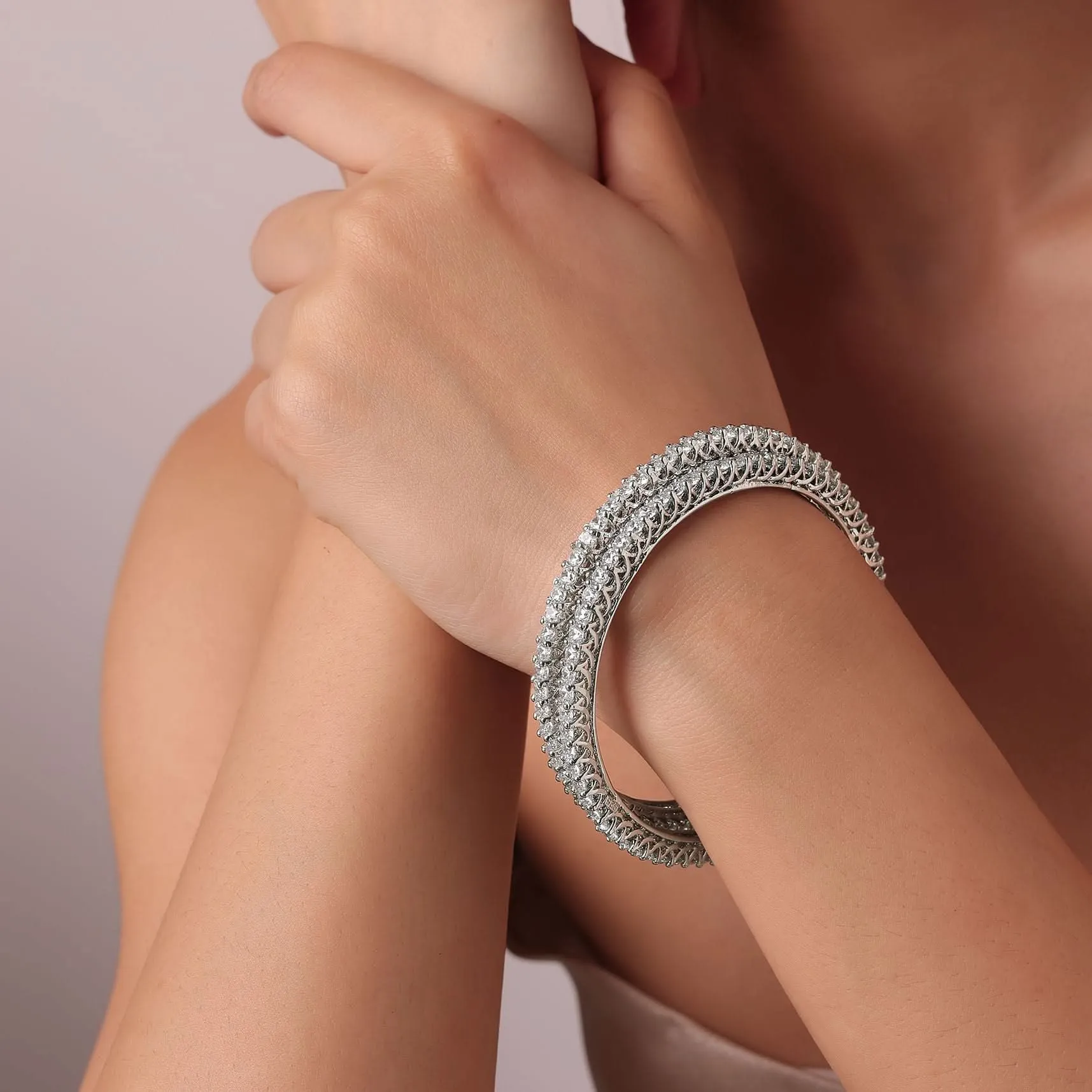 92.5 Sterling Silver Bangles With White Zirconia Set of 2