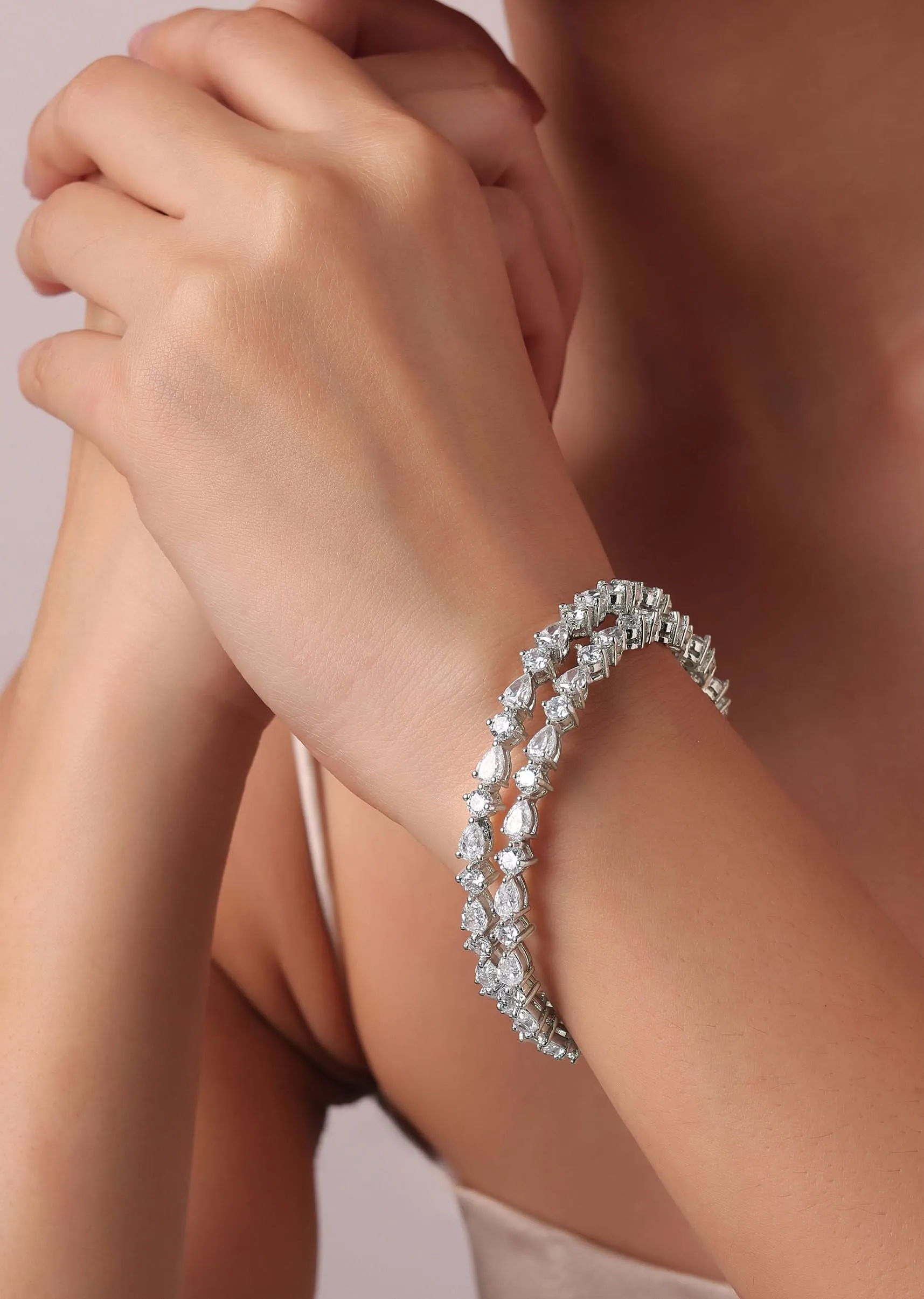 92.5 Sterling Silver Bangles With Zirconia Stones Set of 2