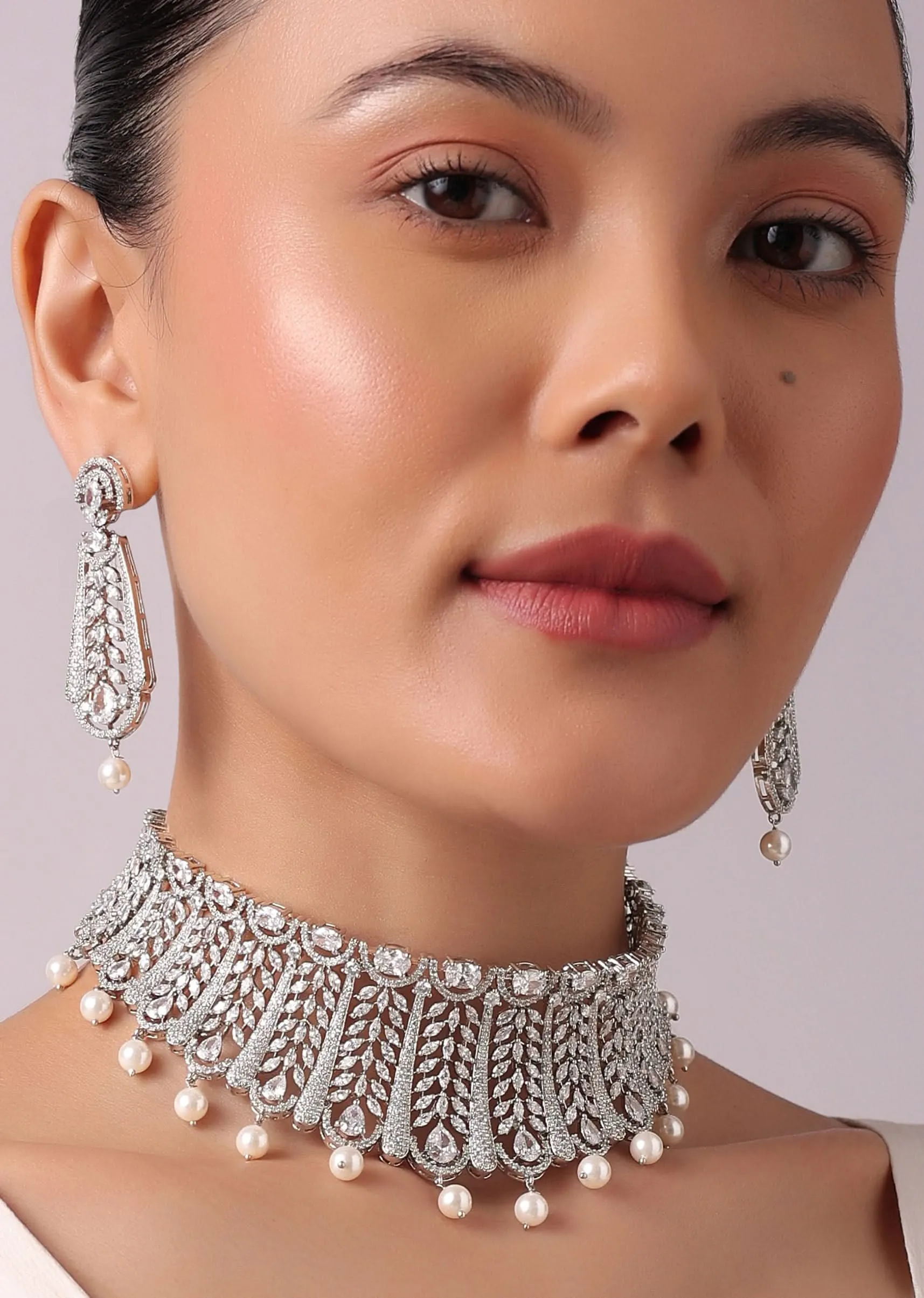 92.5 Sterling Silver Choker Set with Faux Diamonds And Pearl Drops