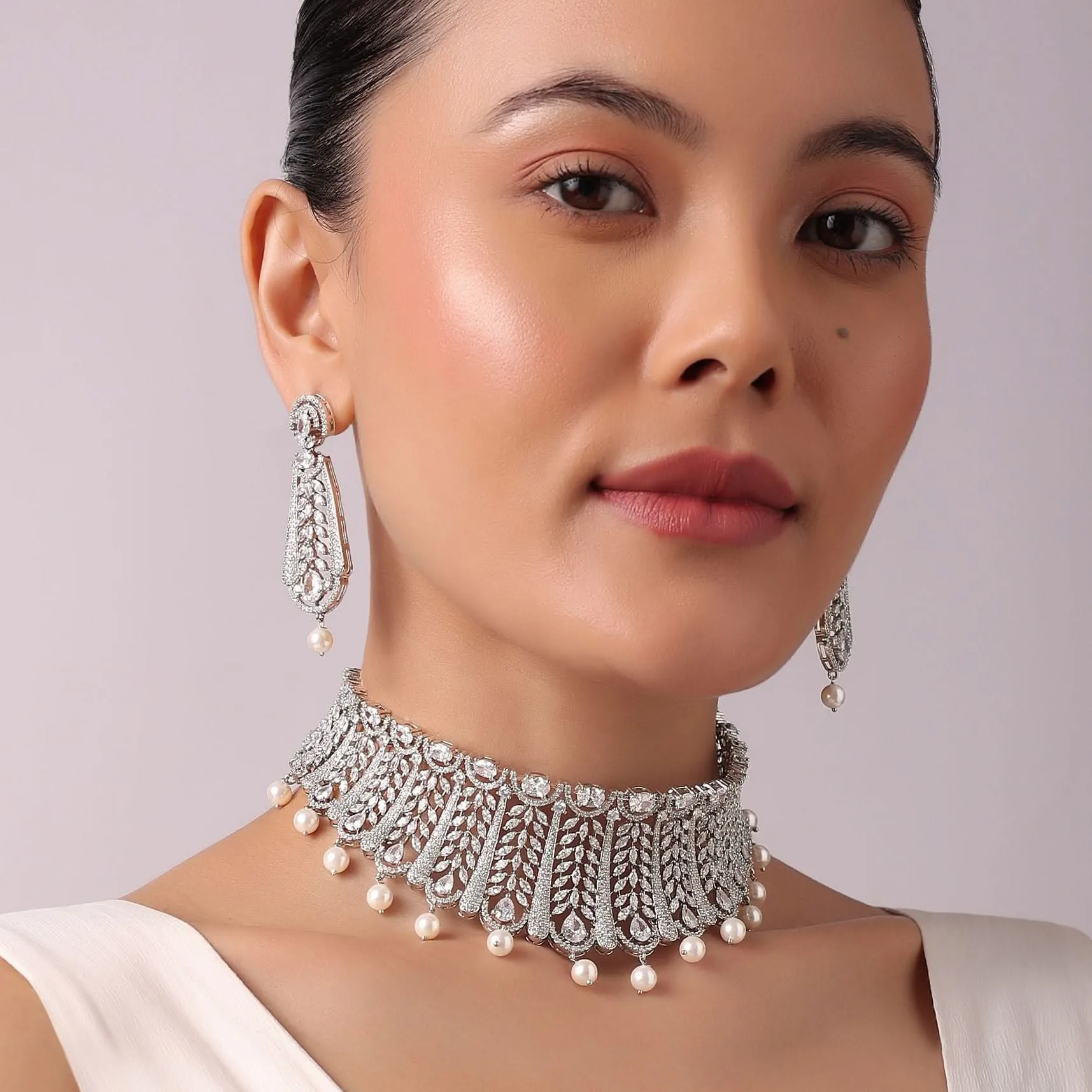 92.5 Sterling Silver Choker Set with Faux Diamonds And Pearl Drops