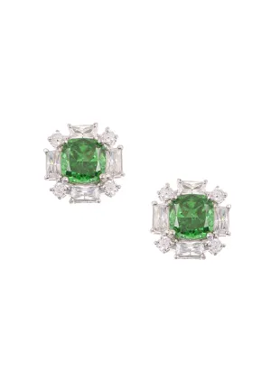 92.5 Sterling Silver Floral Studs with Green Cubic Stone