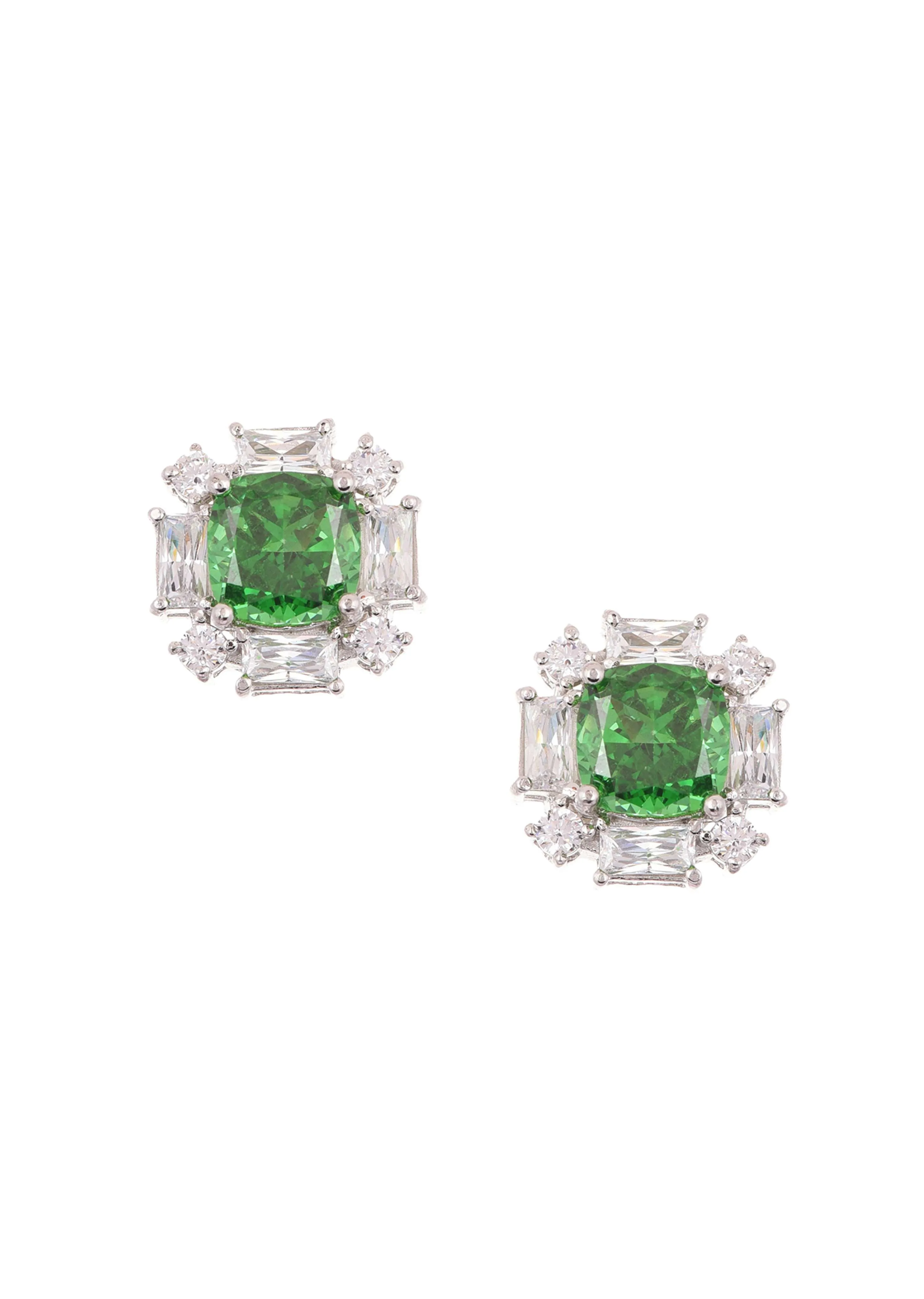 92.5 Sterling Silver Floral Studs with Green Cubic Stone