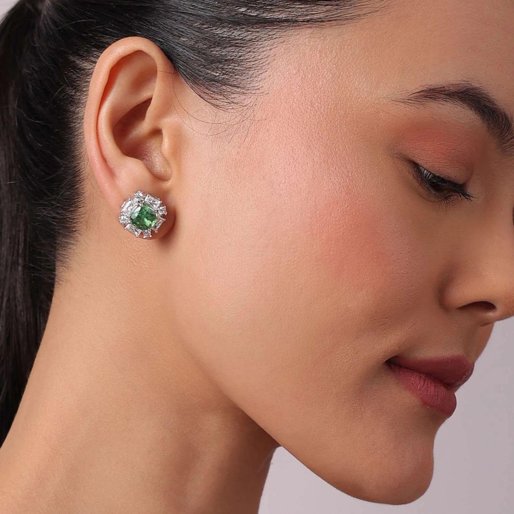92.5 Sterling Silver Floral Studs with Green Cubic Stone