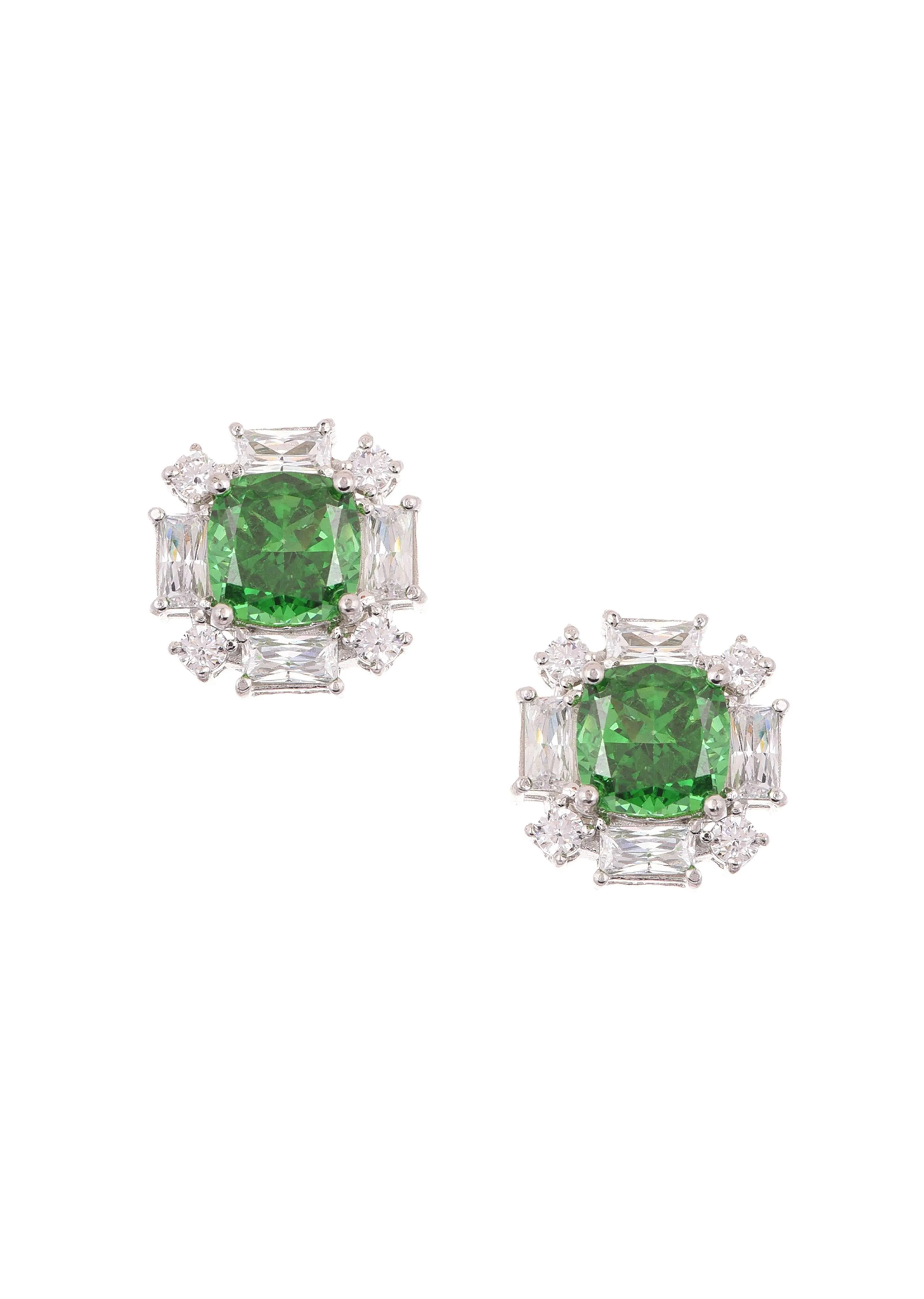 92.5 Sterling Silver Floral Studs with Green Cubic Stone