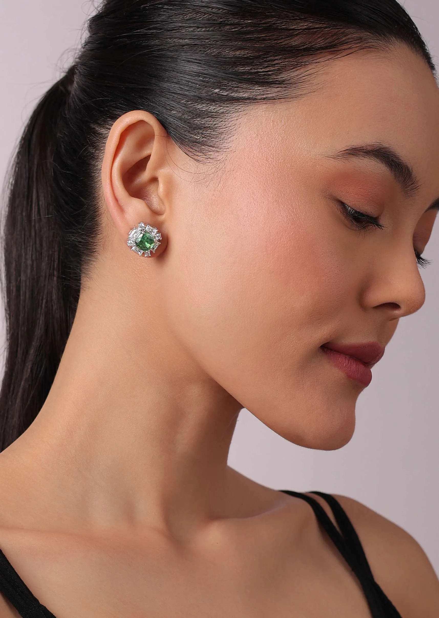92.5 Sterling Silver Floral Studs with Green Cubic Stone