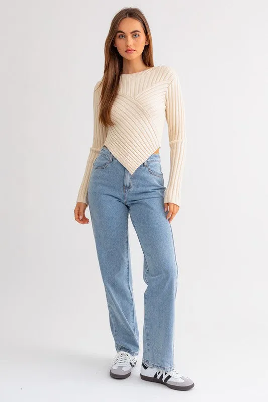 Asymmetrical Hem Design Long Sleeve Crop Sweater Top