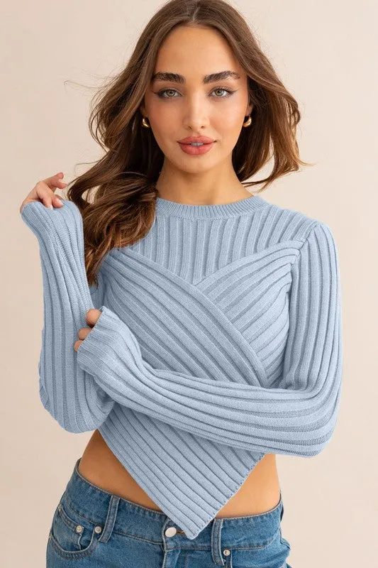 Asymmetrical Hem Design Long Sleeve Crop Sweater Top