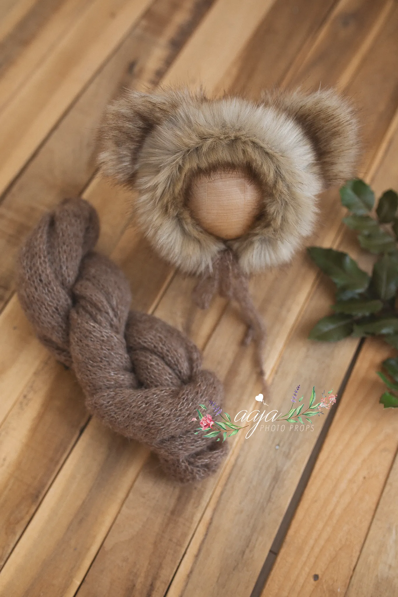 Baby newborn bear bonnet and wrap set, brown, faux fur, ears,  made to order