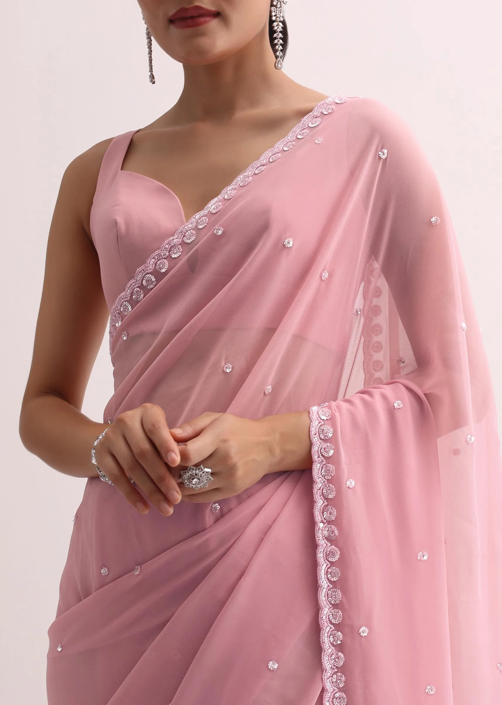 Baby Pink Sequin Saree With Unstitched Blouse