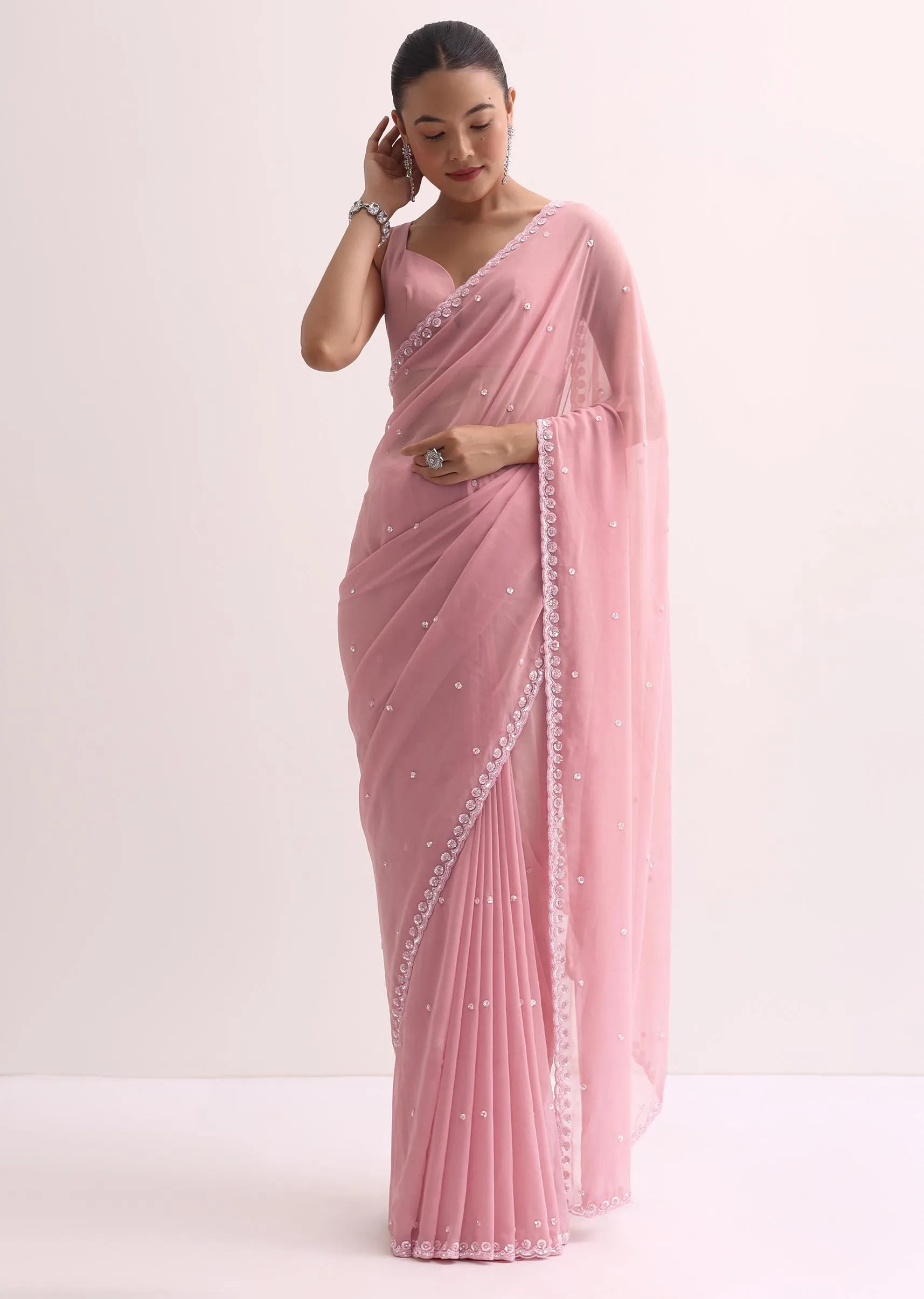 Baby Pink Sequin Saree With Unstitched Blouse