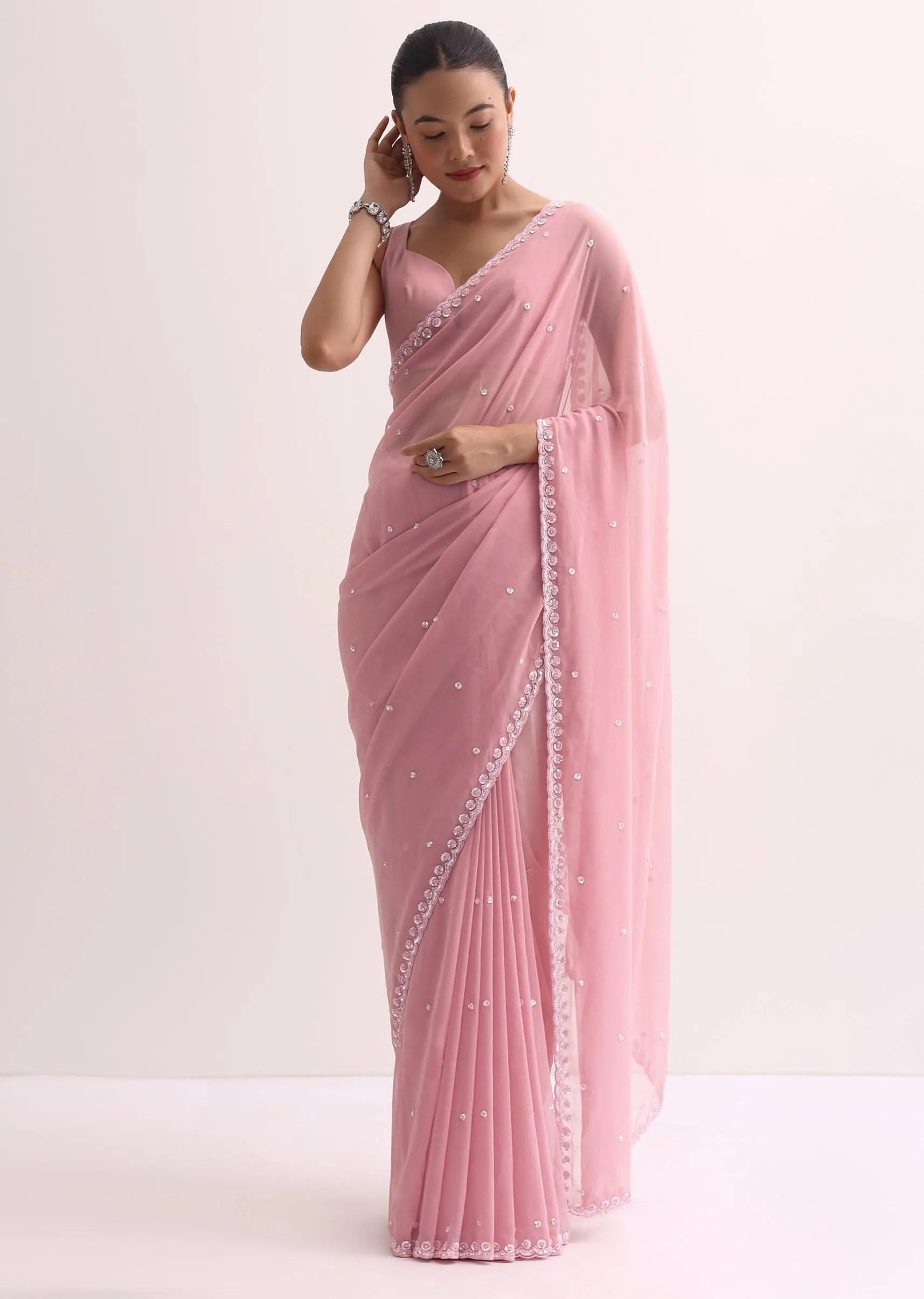 Baby Pink Sequin Saree With Unstitched Blouse