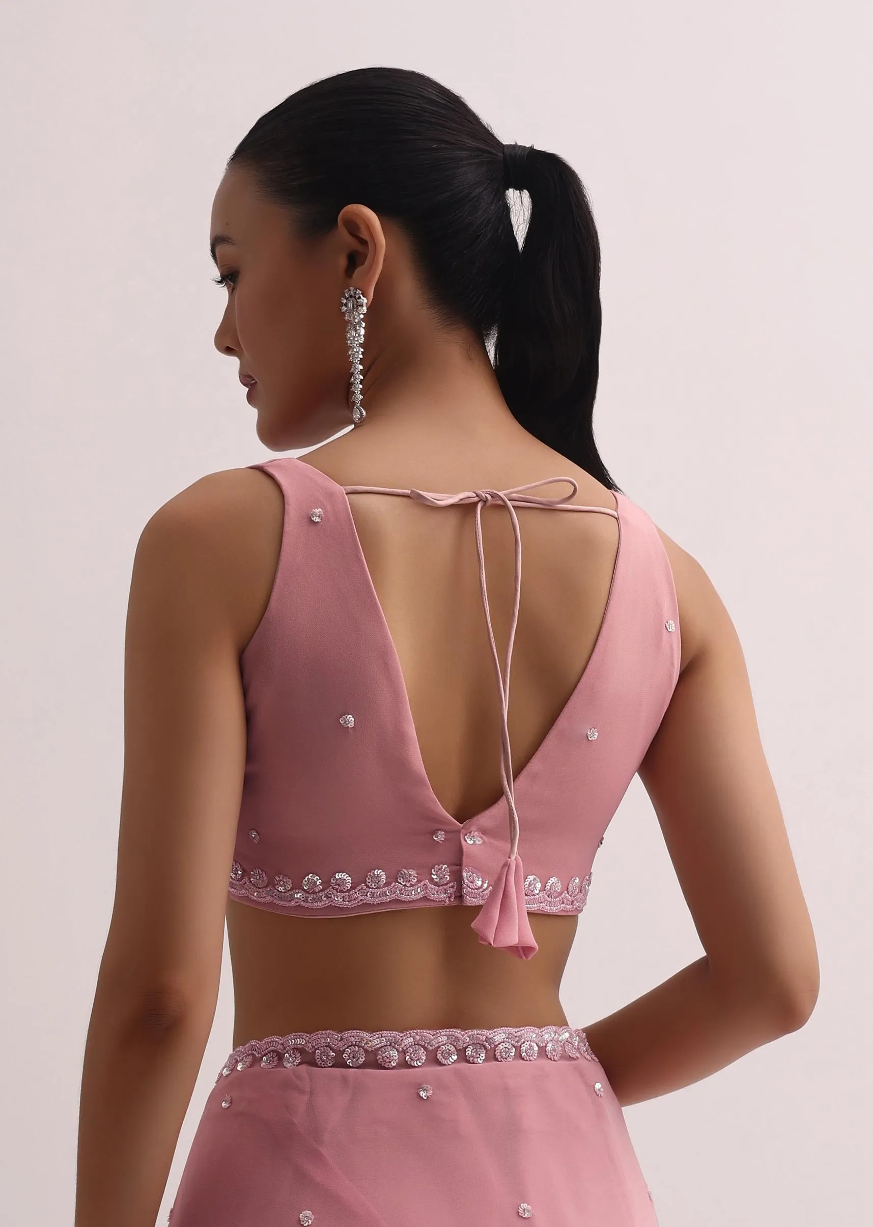 Baby Pink Sequin Saree With Unstitched Blouse