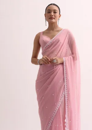 Baby Pink Sequin Saree With Unstitched Blouse