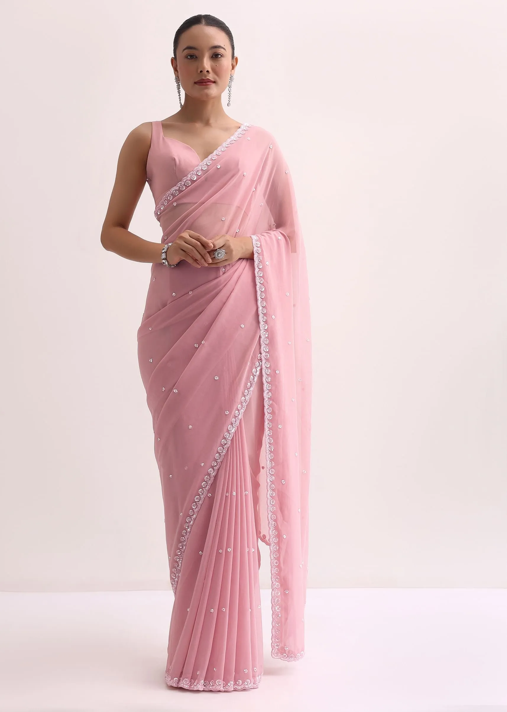 Baby Pink Sequin Saree With Unstitched Blouse