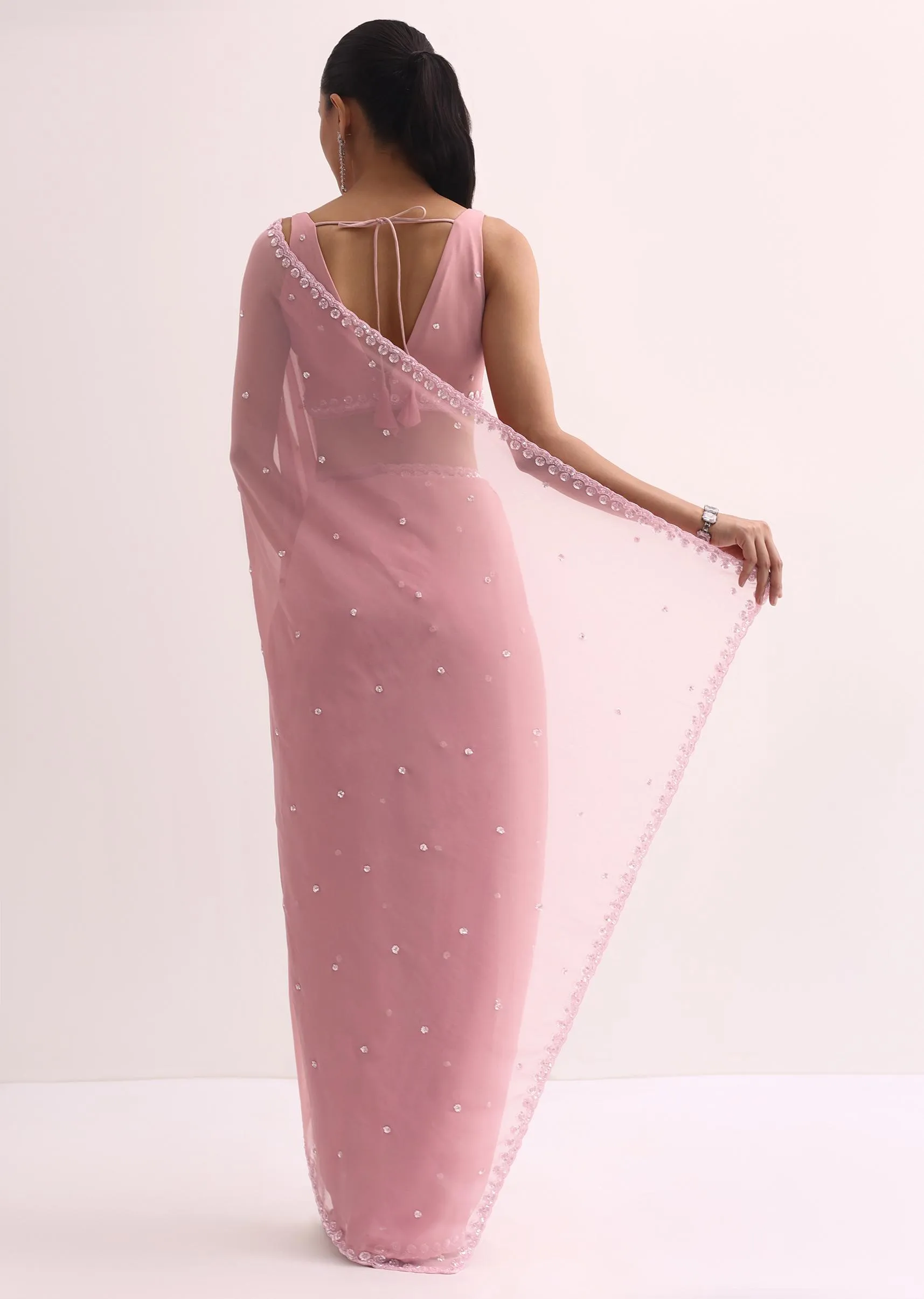 Baby Pink Sequin Saree With Unstitched Blouse