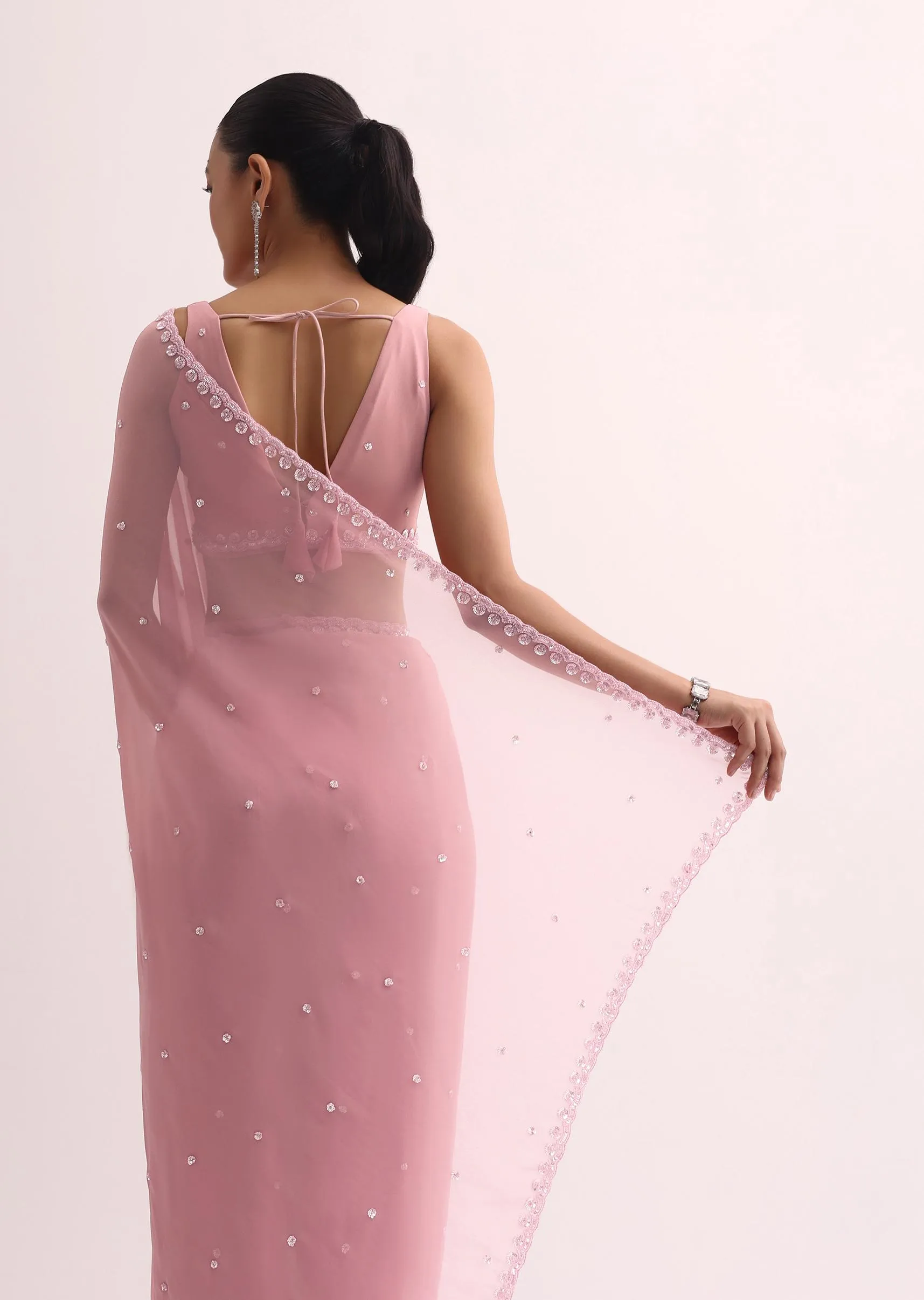 Baby Pink Sequin Saree With Unstitched Blouse