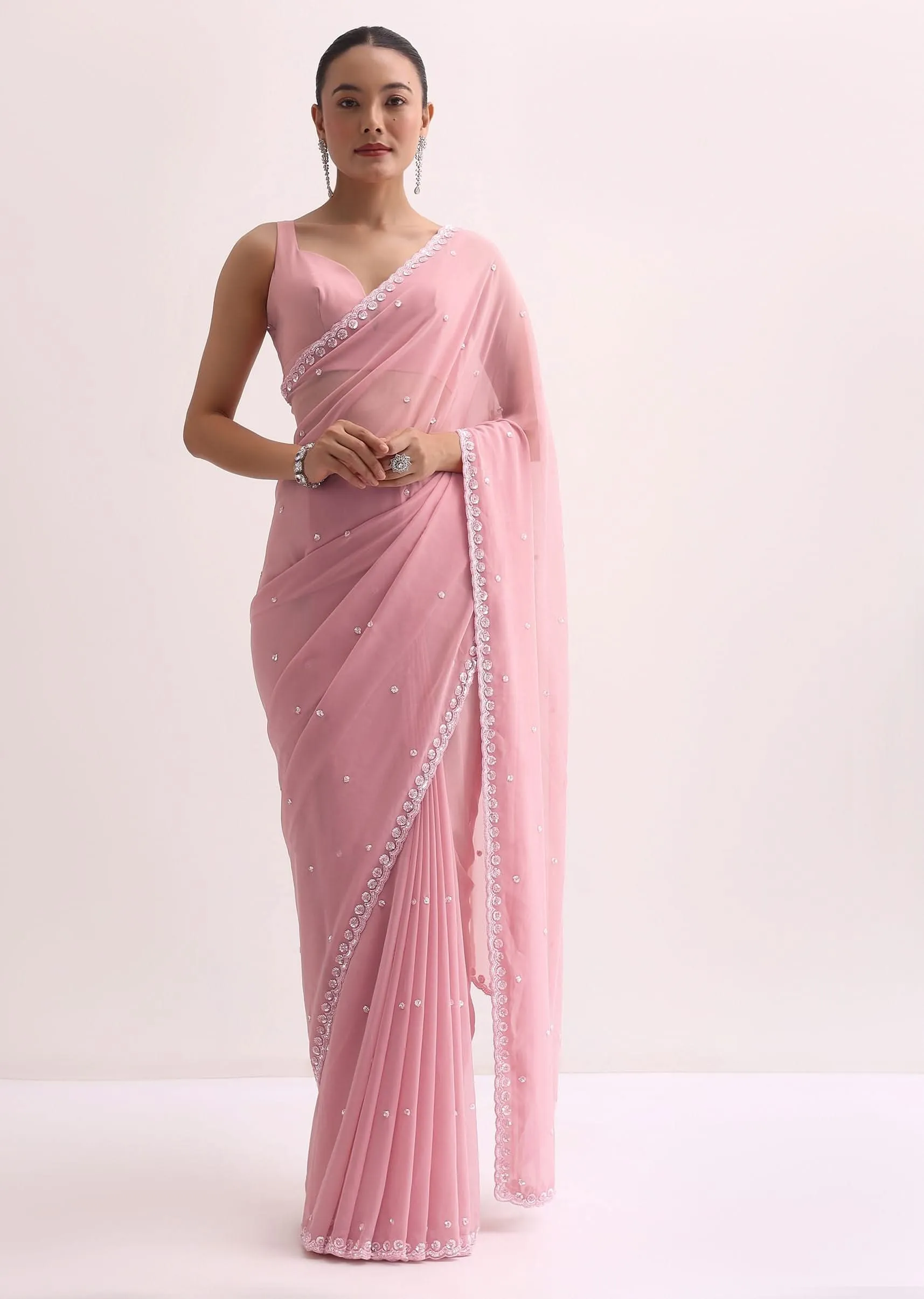 Baby Pink Sequin Saree With Unstitched Blouse