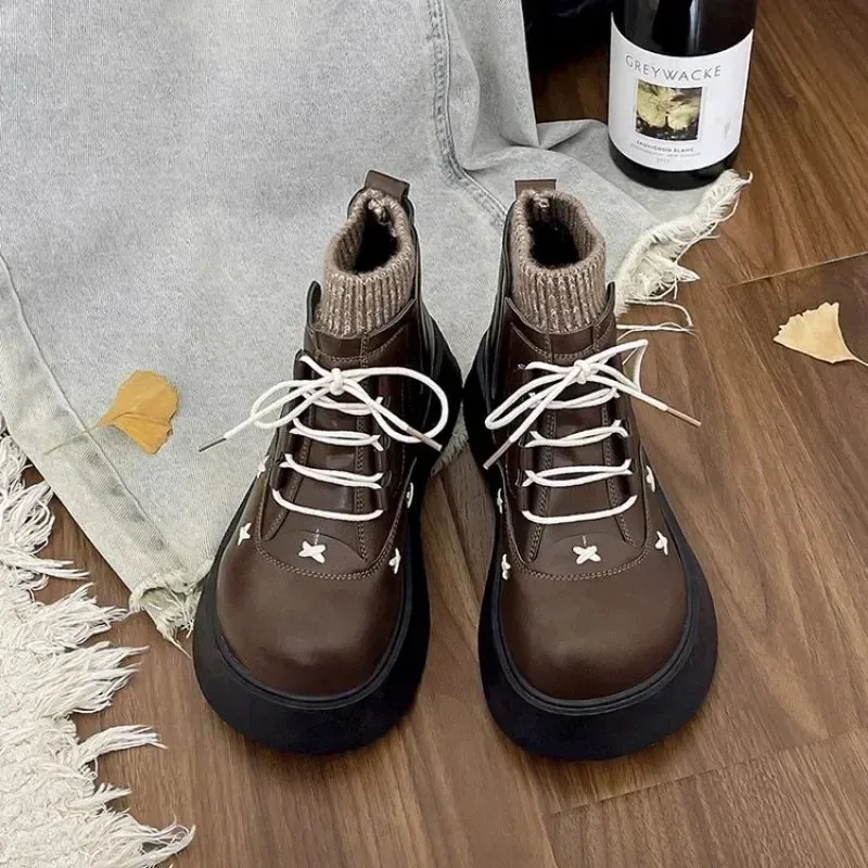 binfenxie  -  AutumnWinter New Women's Medium Boots Retro Warm Women's Cotton Boots Lace Up Round Head Square Heel Women's Boots Zapatos
