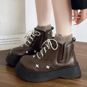 binfenxie  -  AutumnWinter New Women's Medium Boots Retro Warm Women's Cotton Boots Lace Up Round Head Square Heel Women's Boots Zapatos