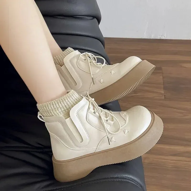 binfenxie  -  AutumnWinter New Women's Medium Boots Retro Warm Women's Cotton Boots Lace Up Round Head Square Heel Women's Boots Zapatos