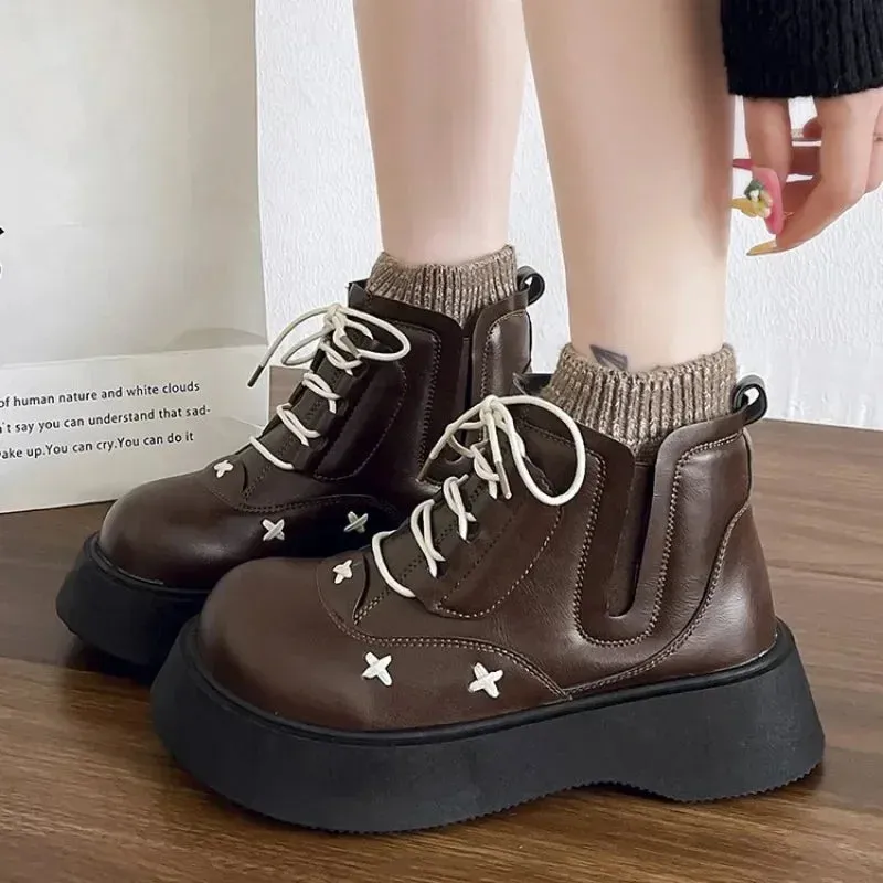 binfenxie  -  AutumnWinter New Women's Medium Boots Retro Warm Women's Cotton Boots Lace Up Round Head Square Heel Women's Boots Zapatos