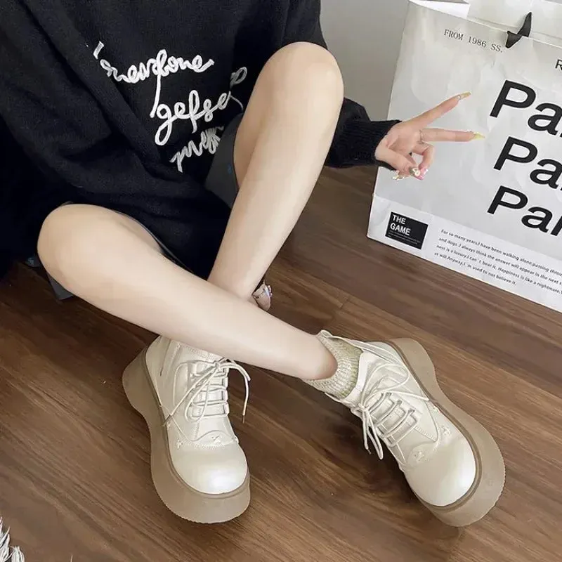 binfenxie  -  AutumnWinter New Women's Medium Boots Retro Warm Women's Cotton Boots Lace Up Round Head Square Heel Women's Boots Zapatos