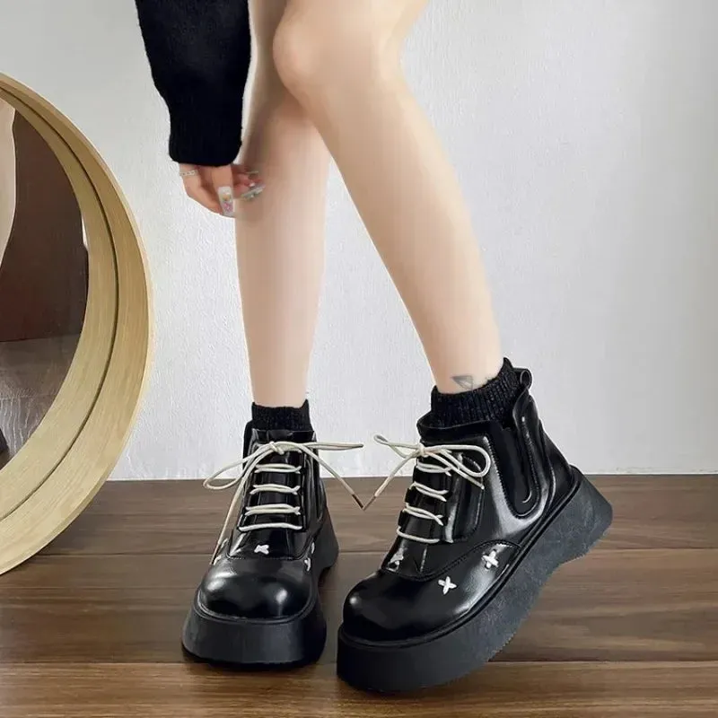 binfenxie  -  AutumnWinter New Women's Medium Boots Retro Warm Women's Cotton Boots Lace Up Round Head Square Heel Women's Boots Zapatos