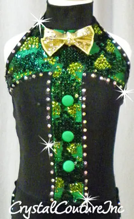 Black & Green Money Inspired Tuxedo Biketard - Swarovski Rhinestones