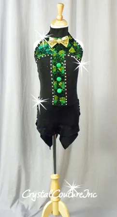 Black & Green Money Inspired Tuxedo Biketard - Swarovski Rhinestones