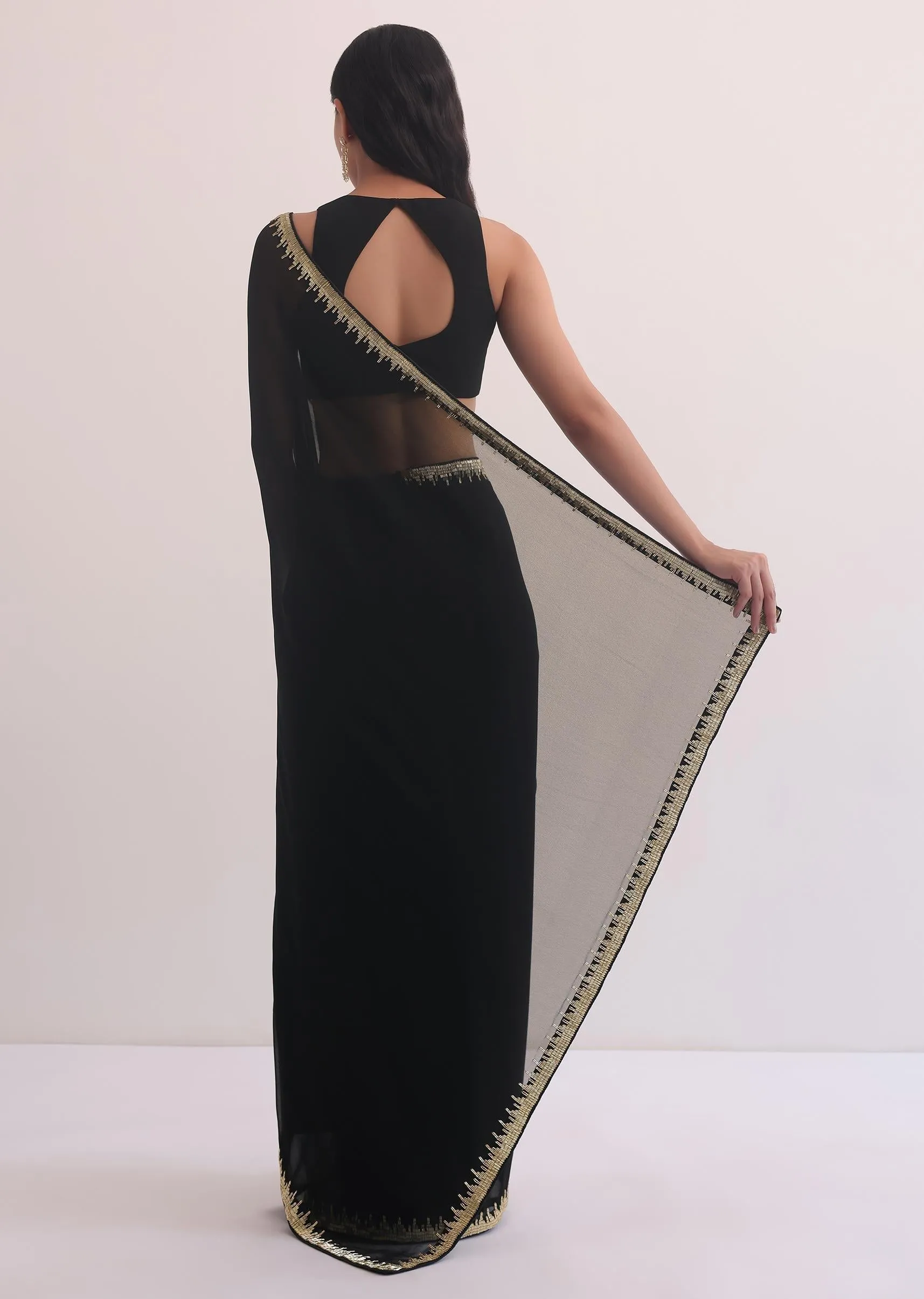 Black Georgette Saree With Salli Cutdana Border