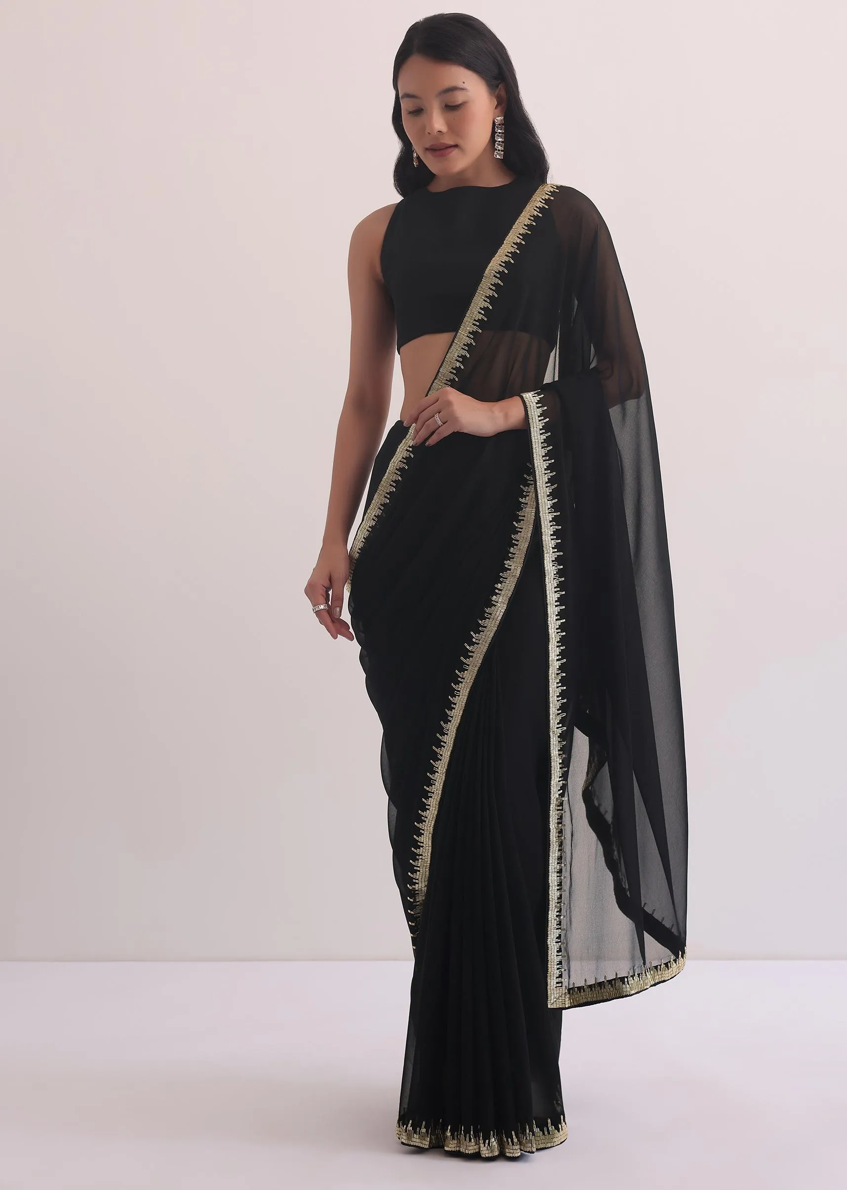 Black Georgette Saree With Salli Cutdana Border