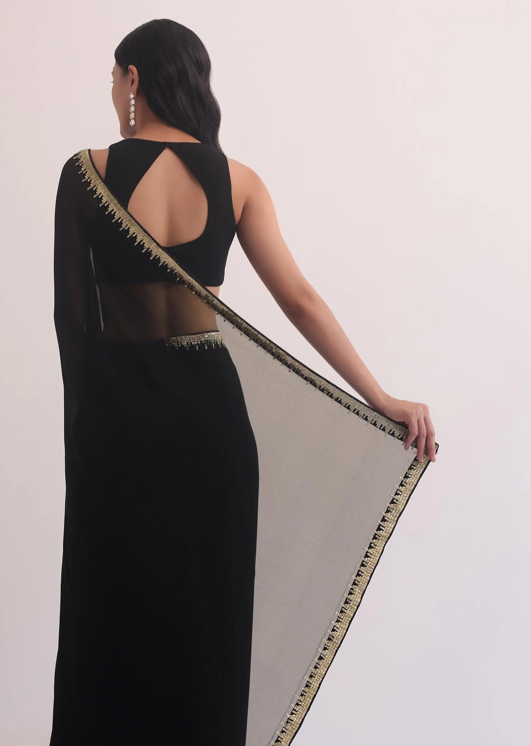 Black Georgette Saree With Salli Cutdana Border