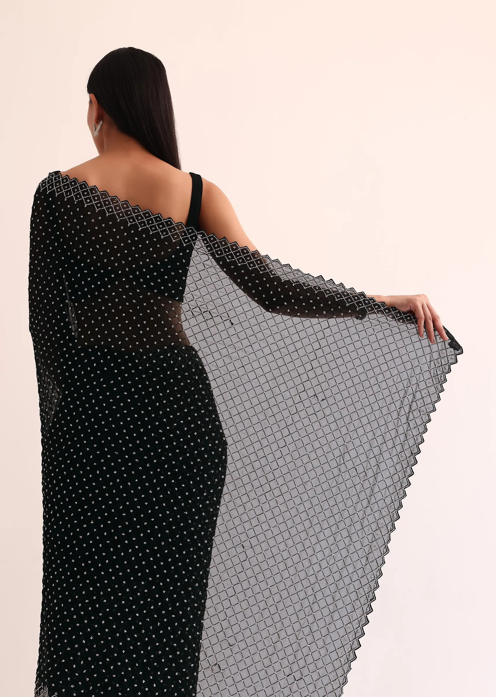 Black Georgette Saree With Stone Embroidery And Unstitched Blouse