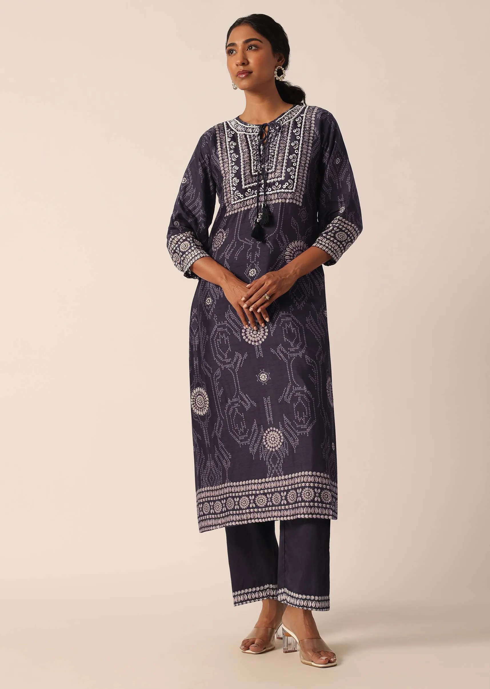 Black Printed Kurta And Pant Set With Sequin Work