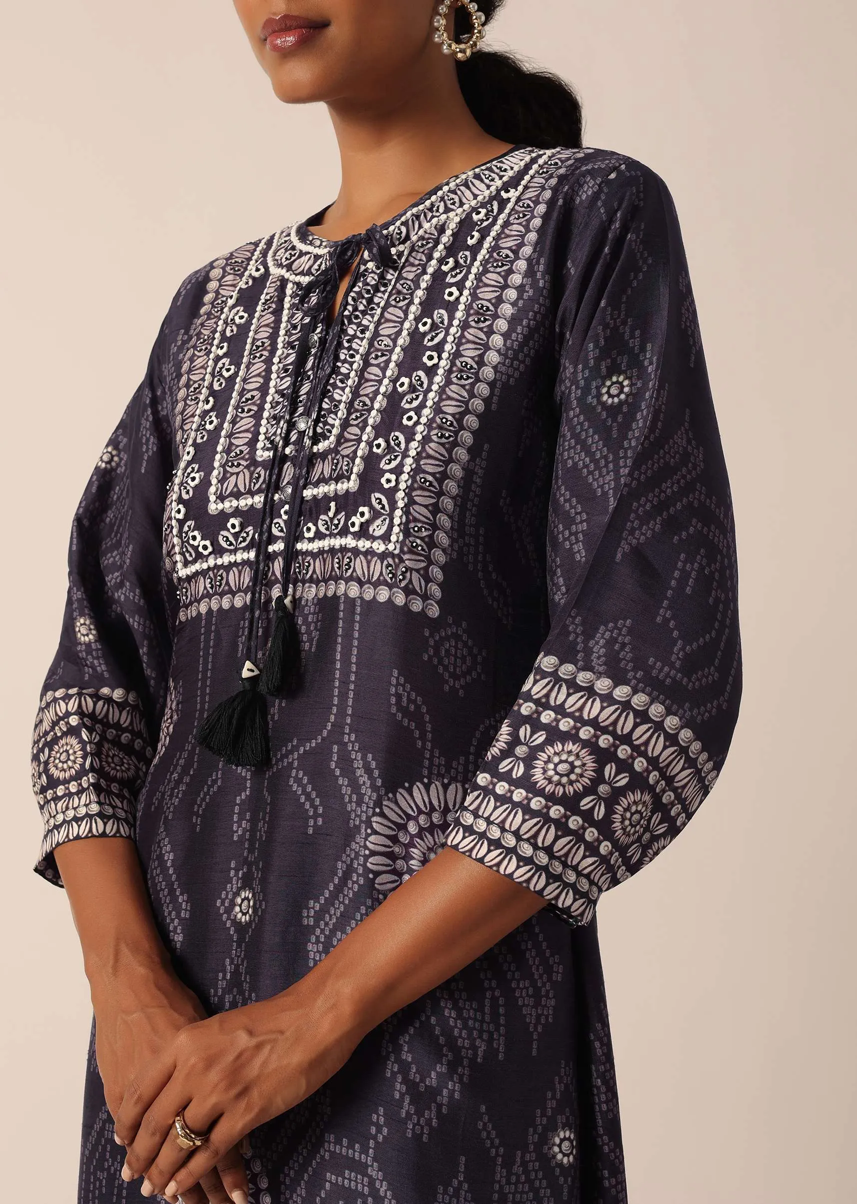 Black Printed Kurta And Pant Set With Sequin Work