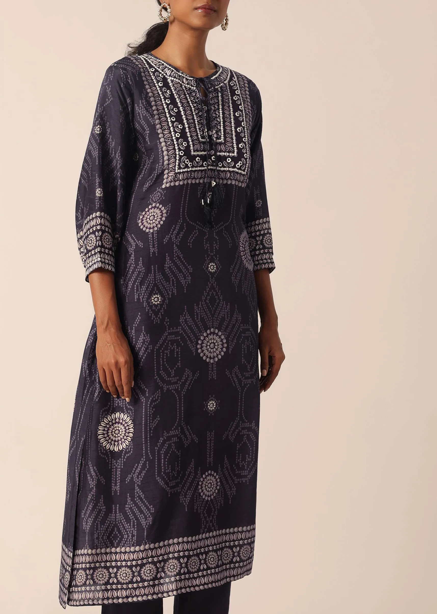 Black Printed Kurta And Pant Set With Sequin Work