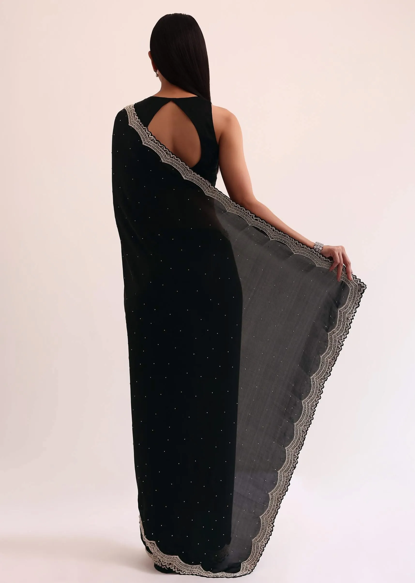 Black Satin Saree With Cut Dana Embroidery And Unstitched Blouse