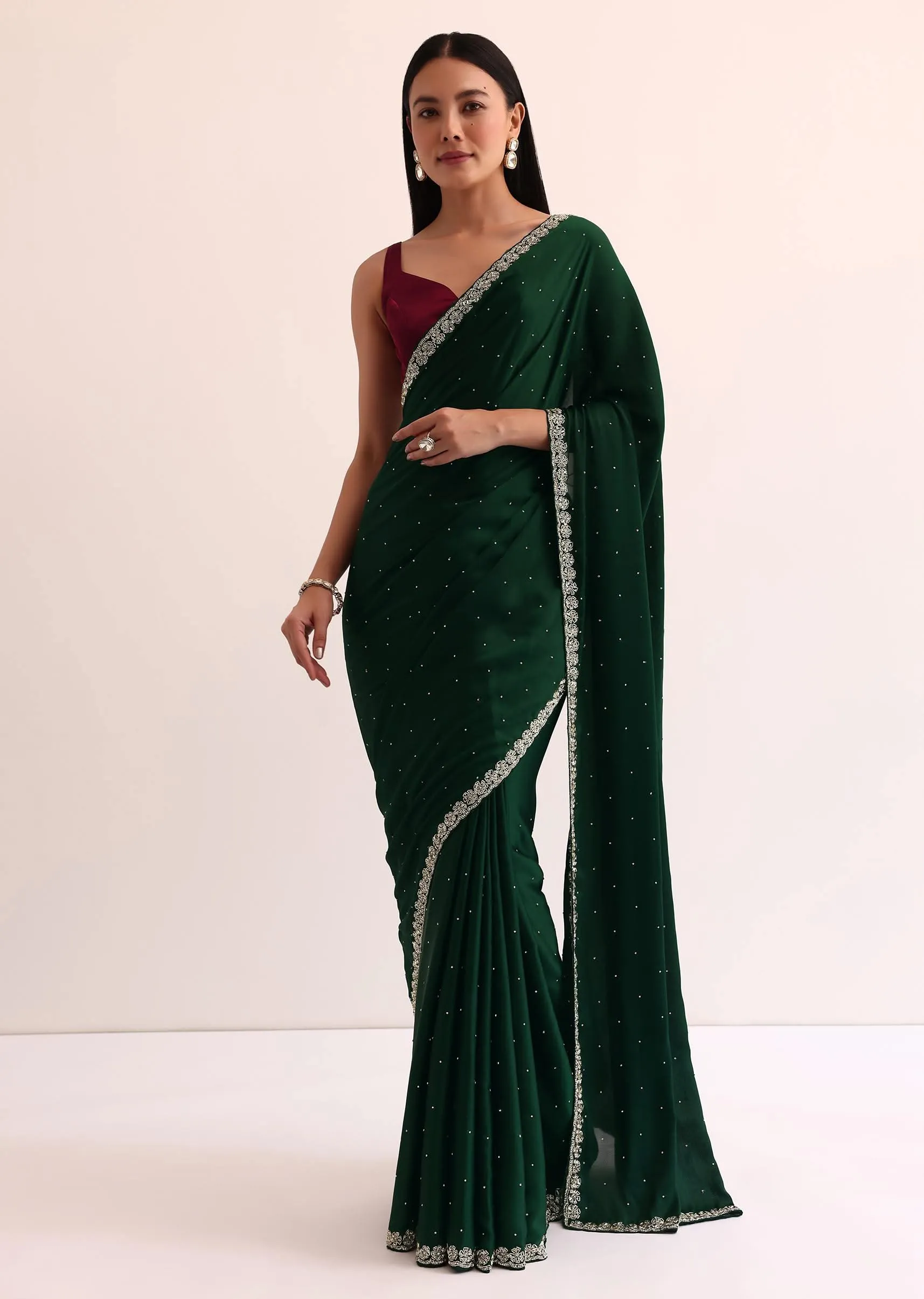 Bottle Green Satin Saree With Cut Dana Embroidery And Unstitched Blouse
