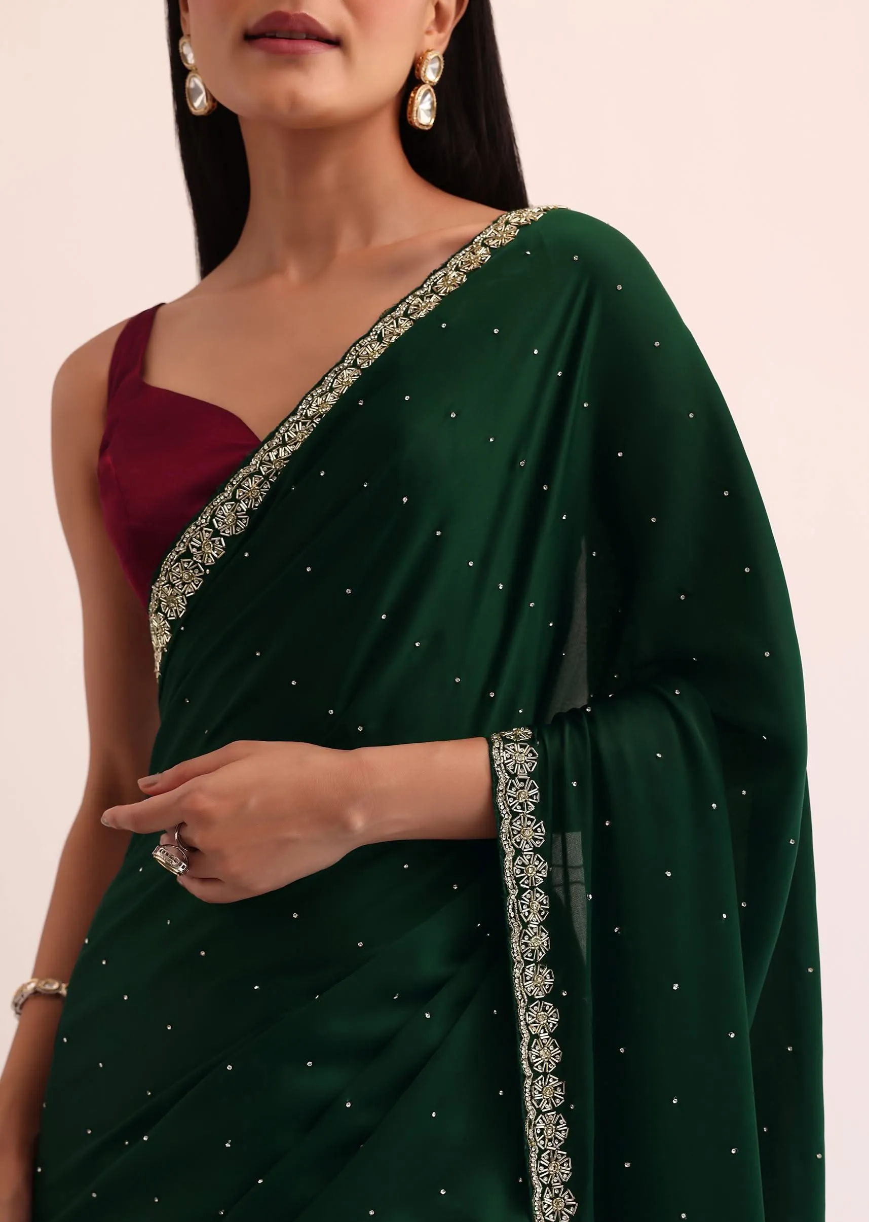 Bottle Green Satin Saree With Cut Dana Embroidery And Unstitched Blouse