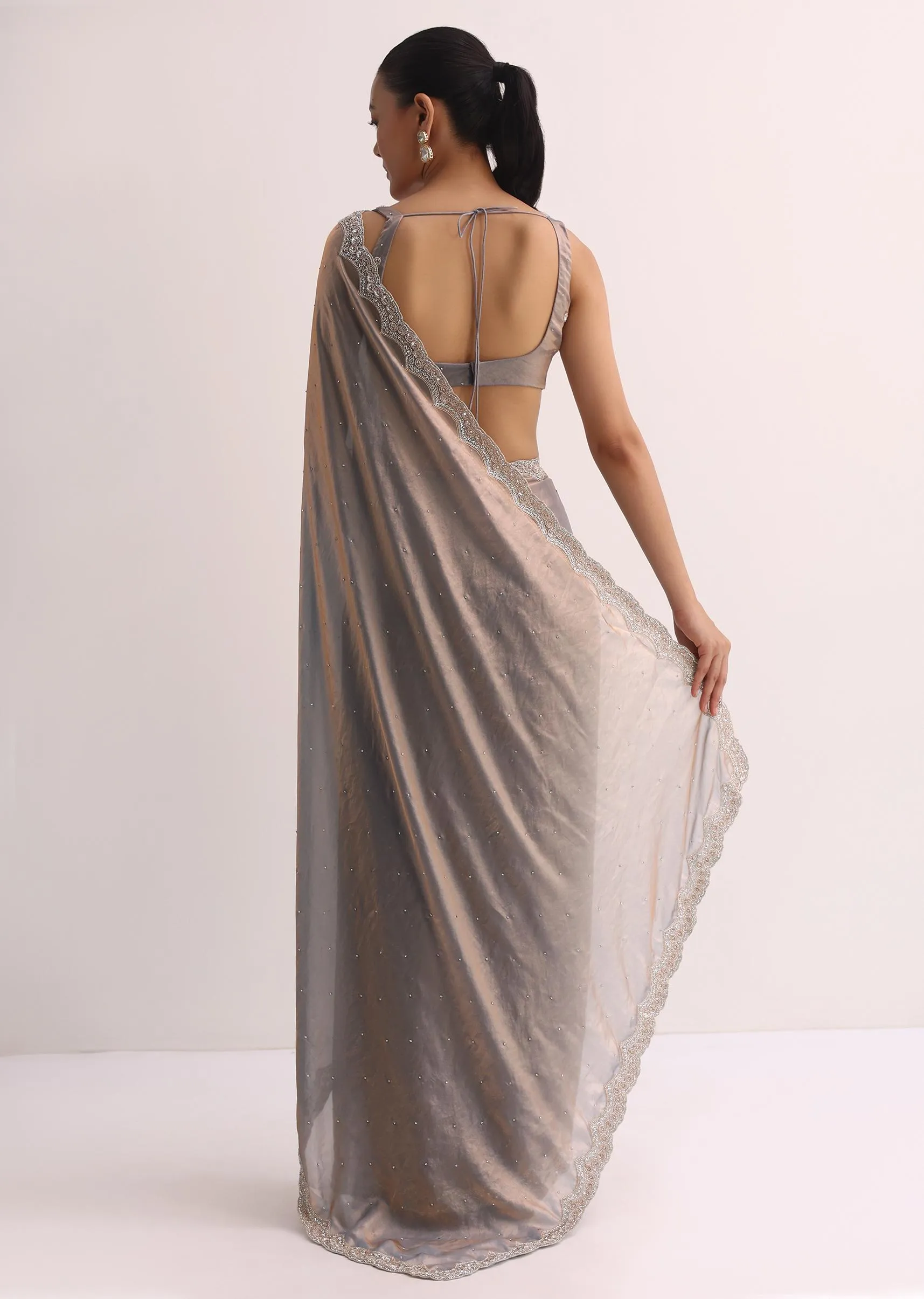 Copper Blue Embroidered Saree And Unstitched Blouse
