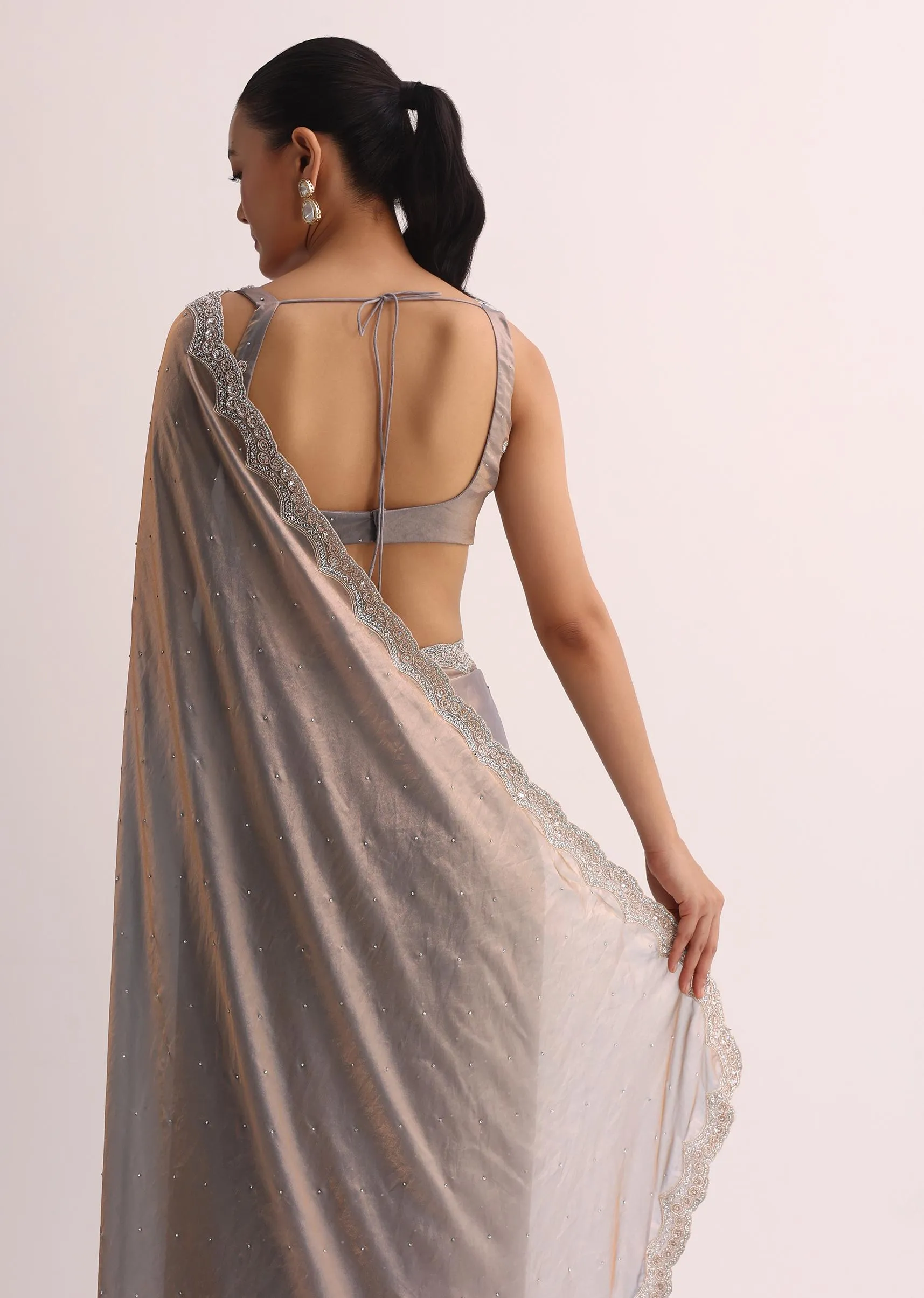 Copper Blue Embroidered Saree And Unstitched Blouse