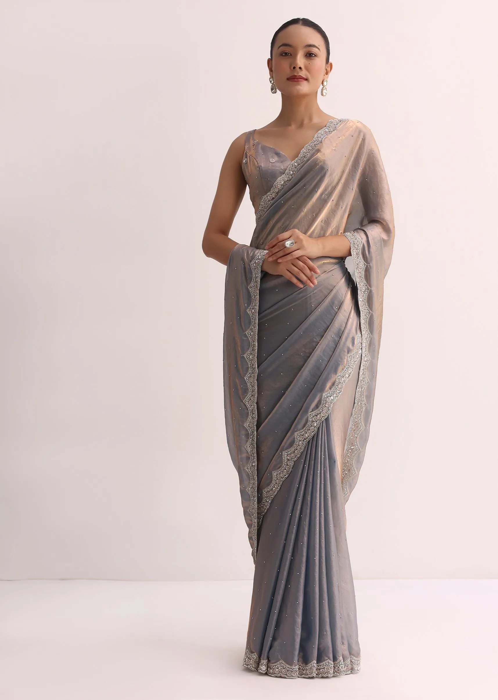 Copper Blue Embroidered Saree And Unstitched Blouse
