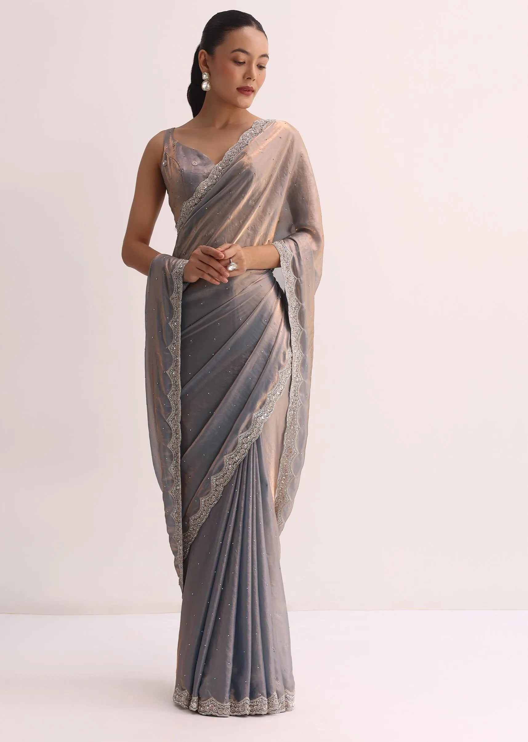 Copper Blue Embroidered Saree And Unstitched Blouse