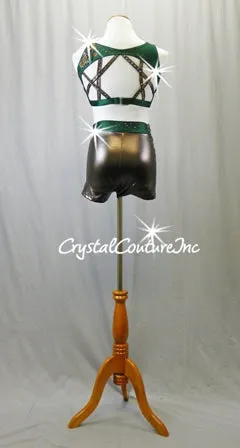 Forest Green and Bronze Connected 2 Piece Top and Booty Shorts - Swarovski Rhinestones