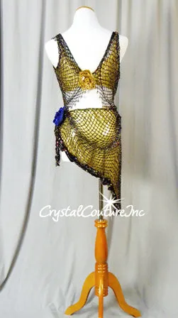 Gold 2 pc Bra Top and Skirt Covered with Intricate Multi-Colored Beaded/Black Netting