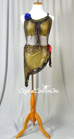 Gold 2 pc Bra Top and Skirt Covered with Intricate Multi-Colored Beaded/Black Netting