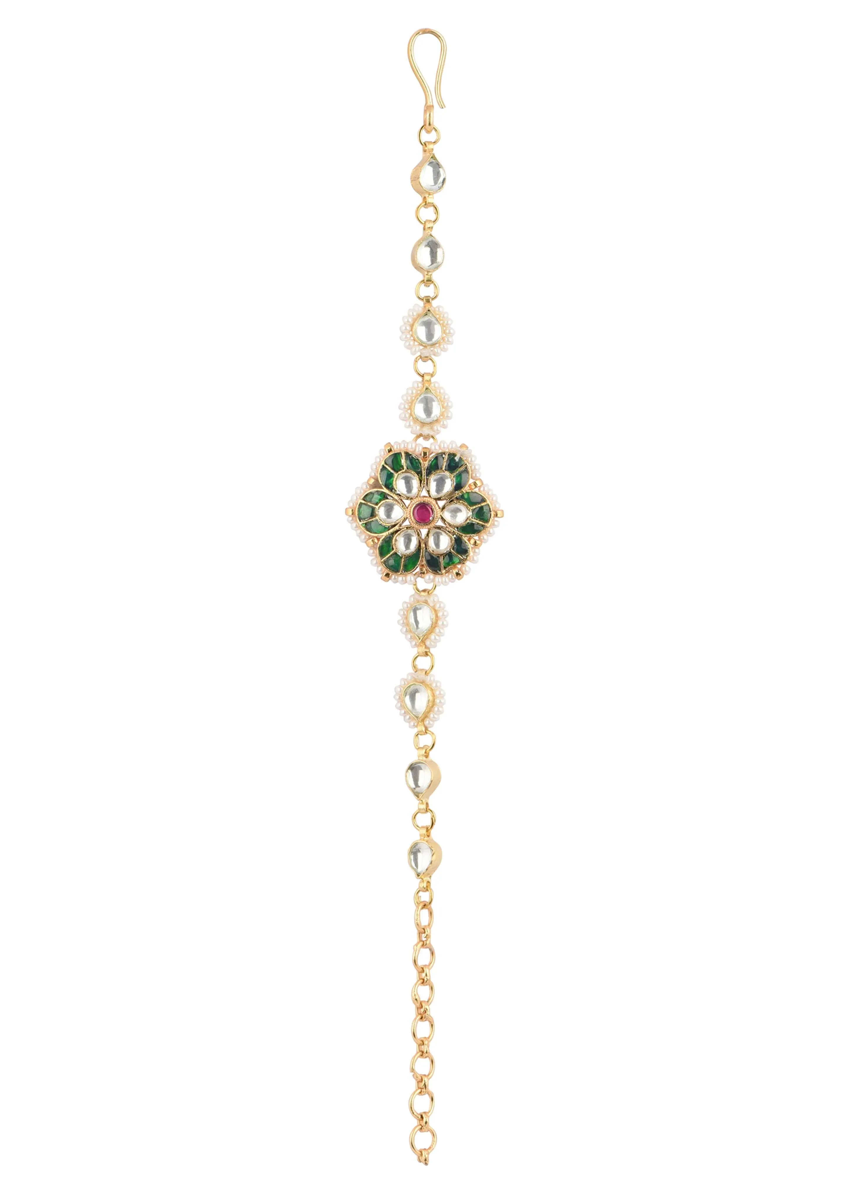 Gold Finish Green Kundan Bracelet With Meenakari And Pearls