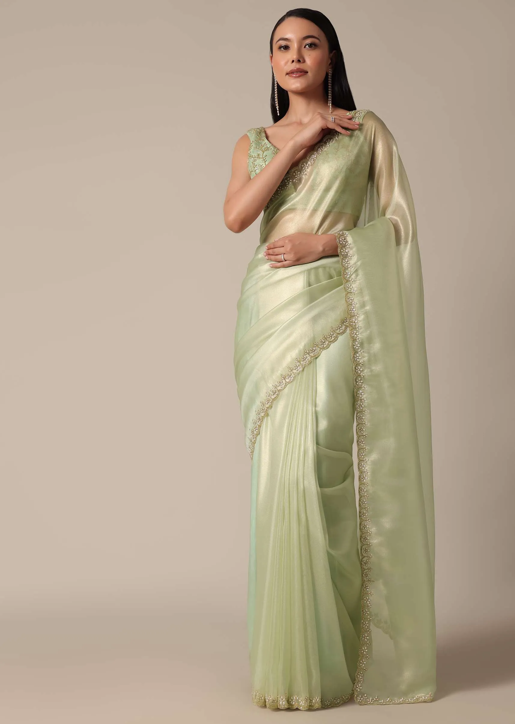 Graceful Green Saree With Scalloped Border